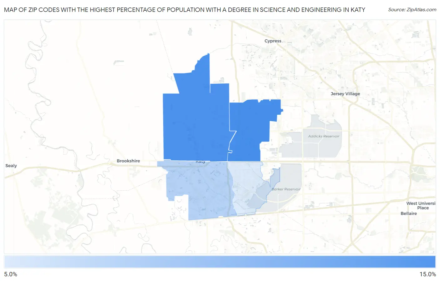 Zip Codes with the Highest Percentage of Population with a Degree in Science and Engineering in Katy Map