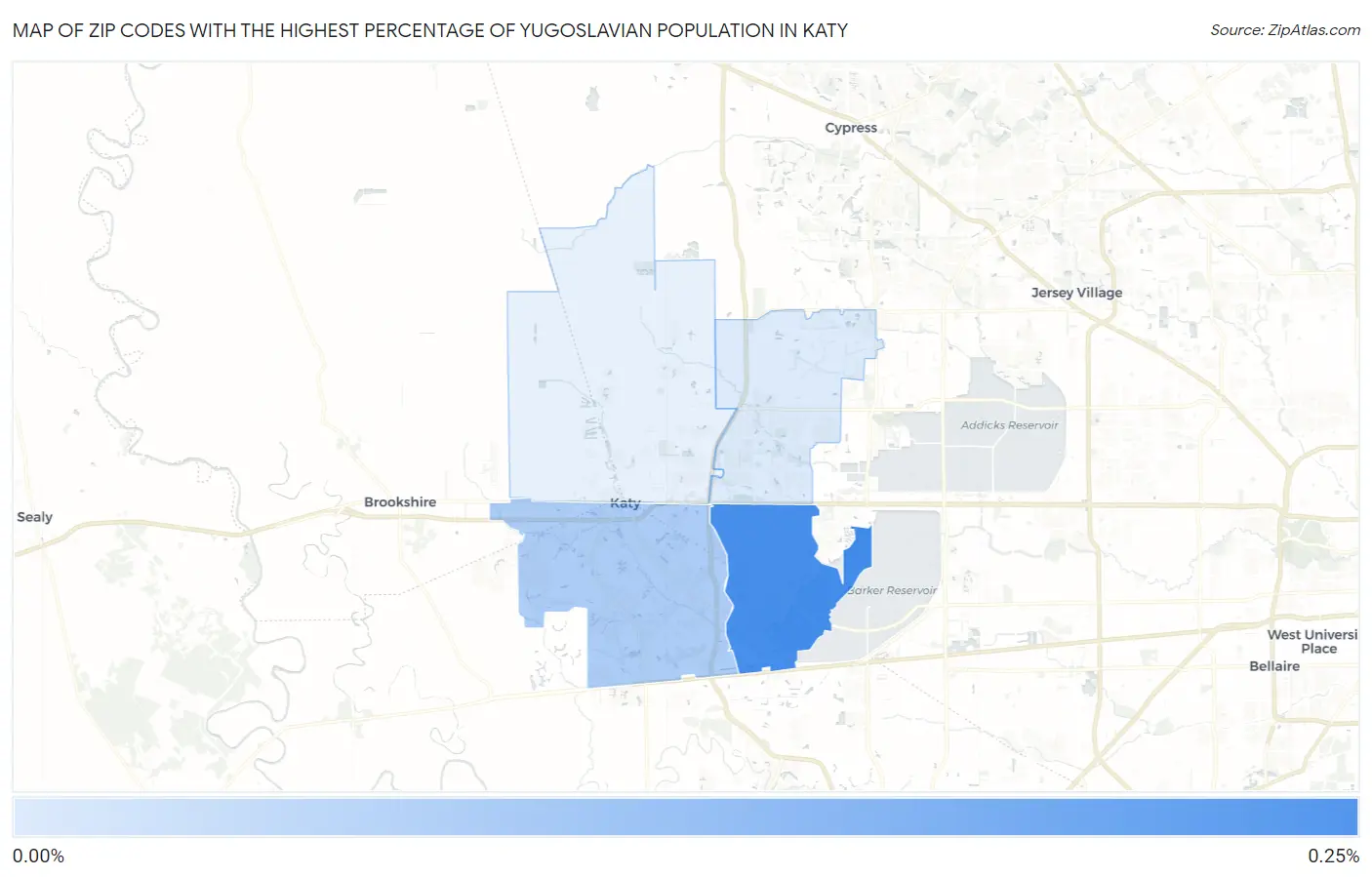 Zip Codes with the Highest Percentage of Yugoslavian Population in Katy Map
