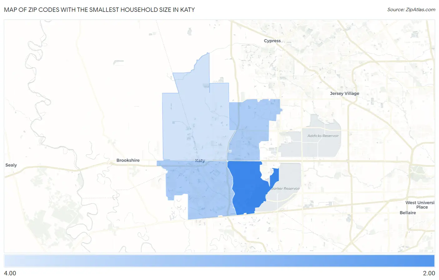 Zip Codes with the Smallest Household Size in Katy Map