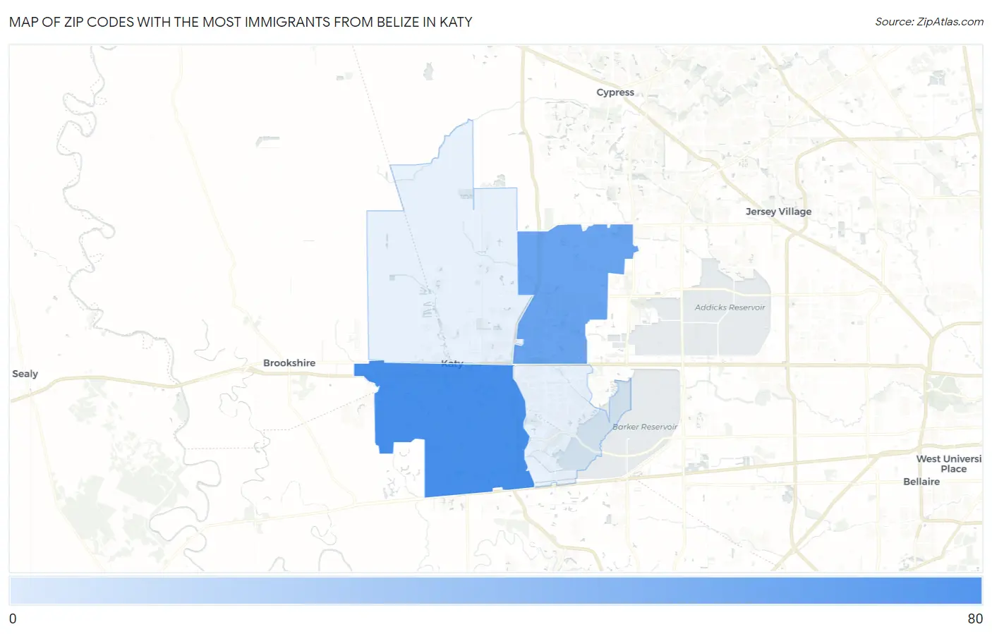 Zip Codes with the Most Immigrants from Belize in Katy Map