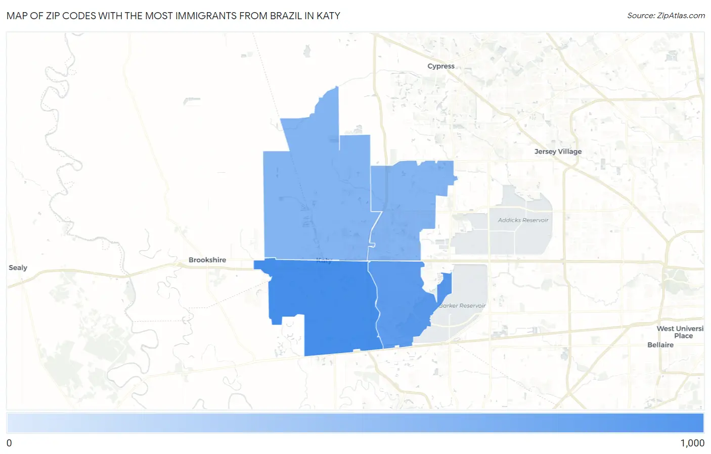 Zip Codes with the Most Immigrants from Brazil in Katy Map
