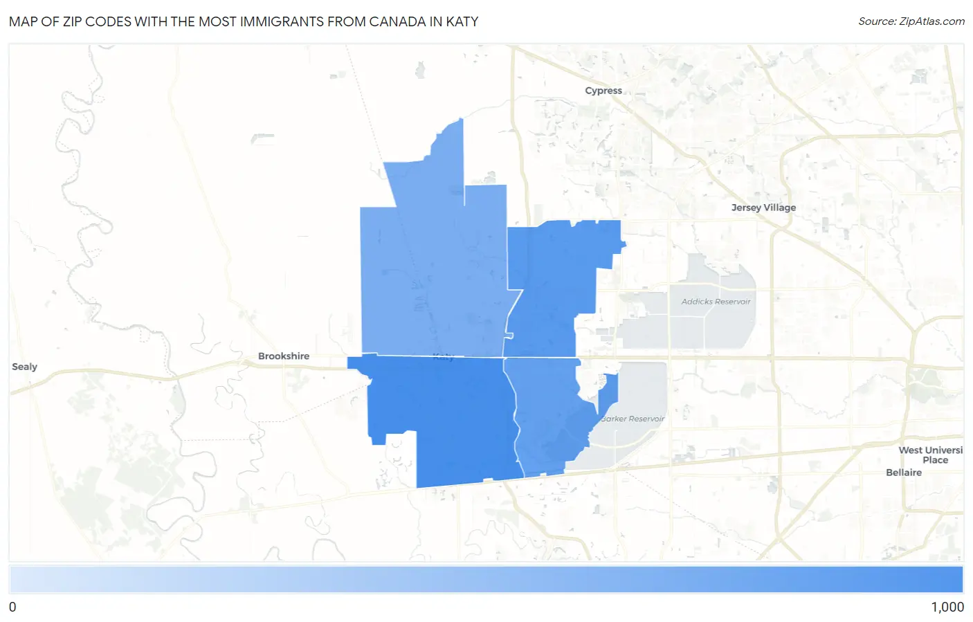 Zip Codes with the Most Immigrants from Canada in Katy Map