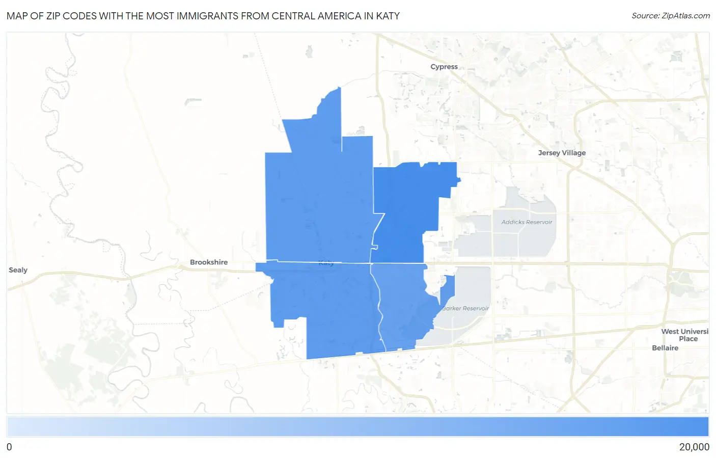 Zip Codes with the Most Immigrants from Central America in Katy Map