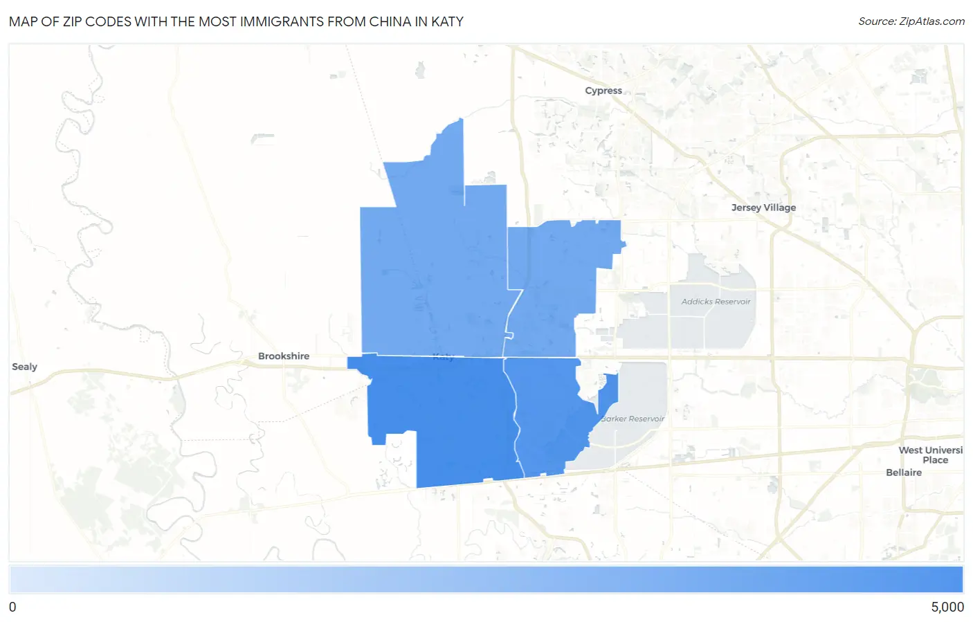 Zip Codes with the Most Immigrants from China in Katy Map