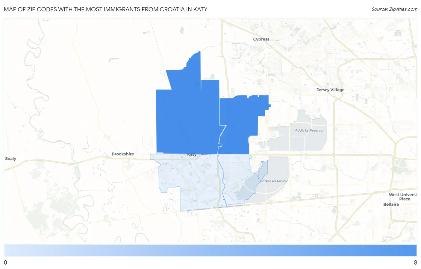 Zip Codes with the Most Immigrants from Croatia in Katy Map