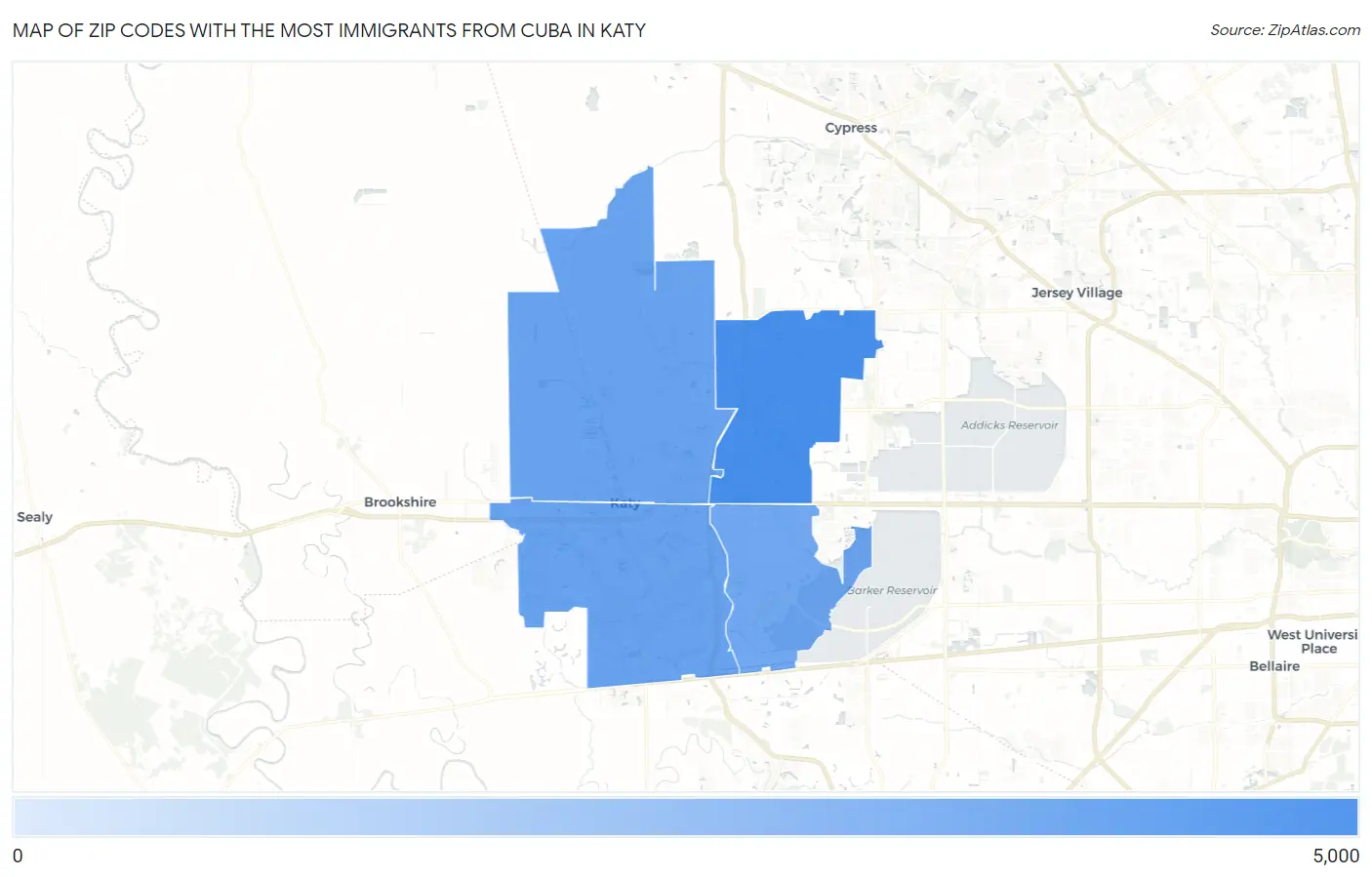 Zip Codes with the Most Immigrants from Cuba in Katy Map