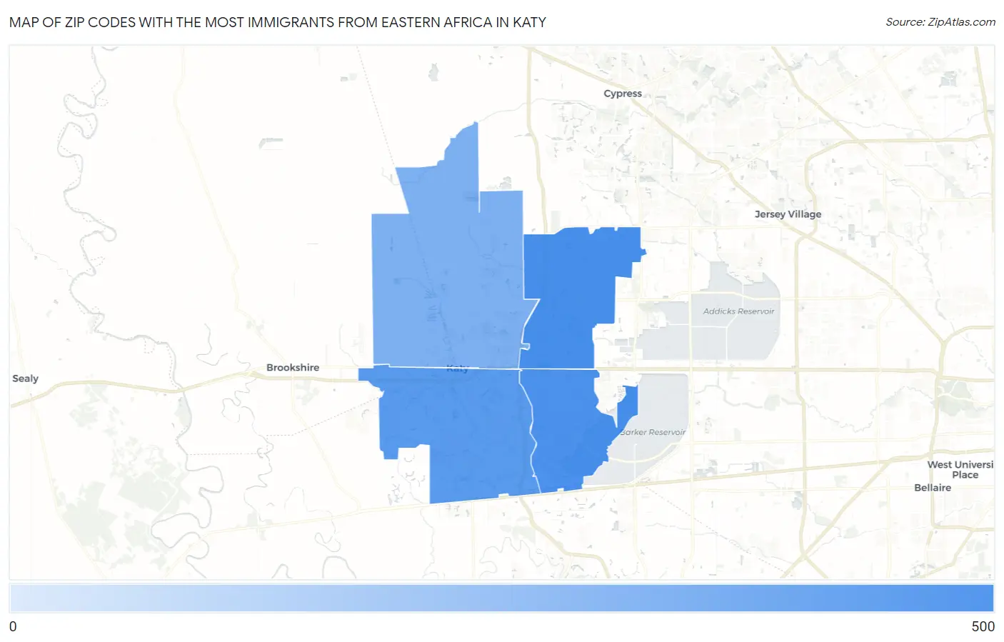 Zip Codes with the Most Immigrants from Eastern Africa in Katy Map