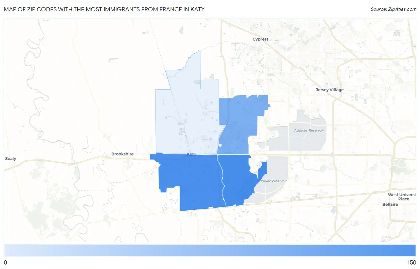 Zip Codes with the Most Immigrants from France in Katy Map