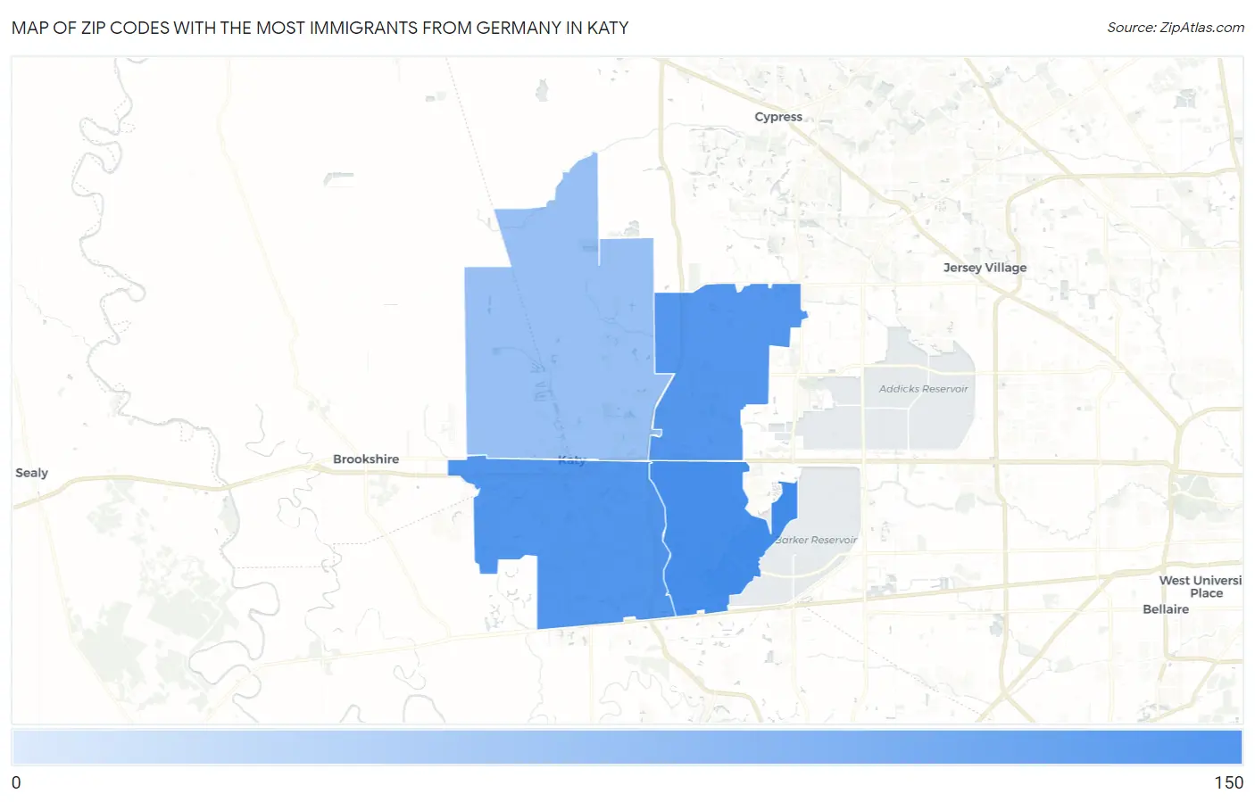 Zip Codes with the Most Immigrants from Germany in Katy Map