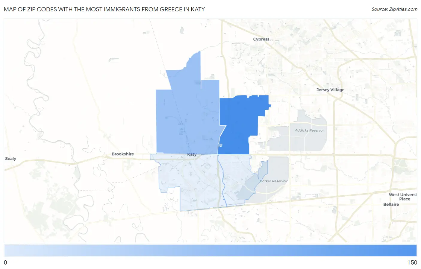 Zip Codes with the Most Immigrants from Greece in Katy Map