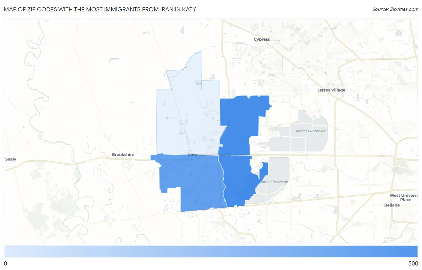 Zip Codes with the Most Immigrants from Iran in Katy Map