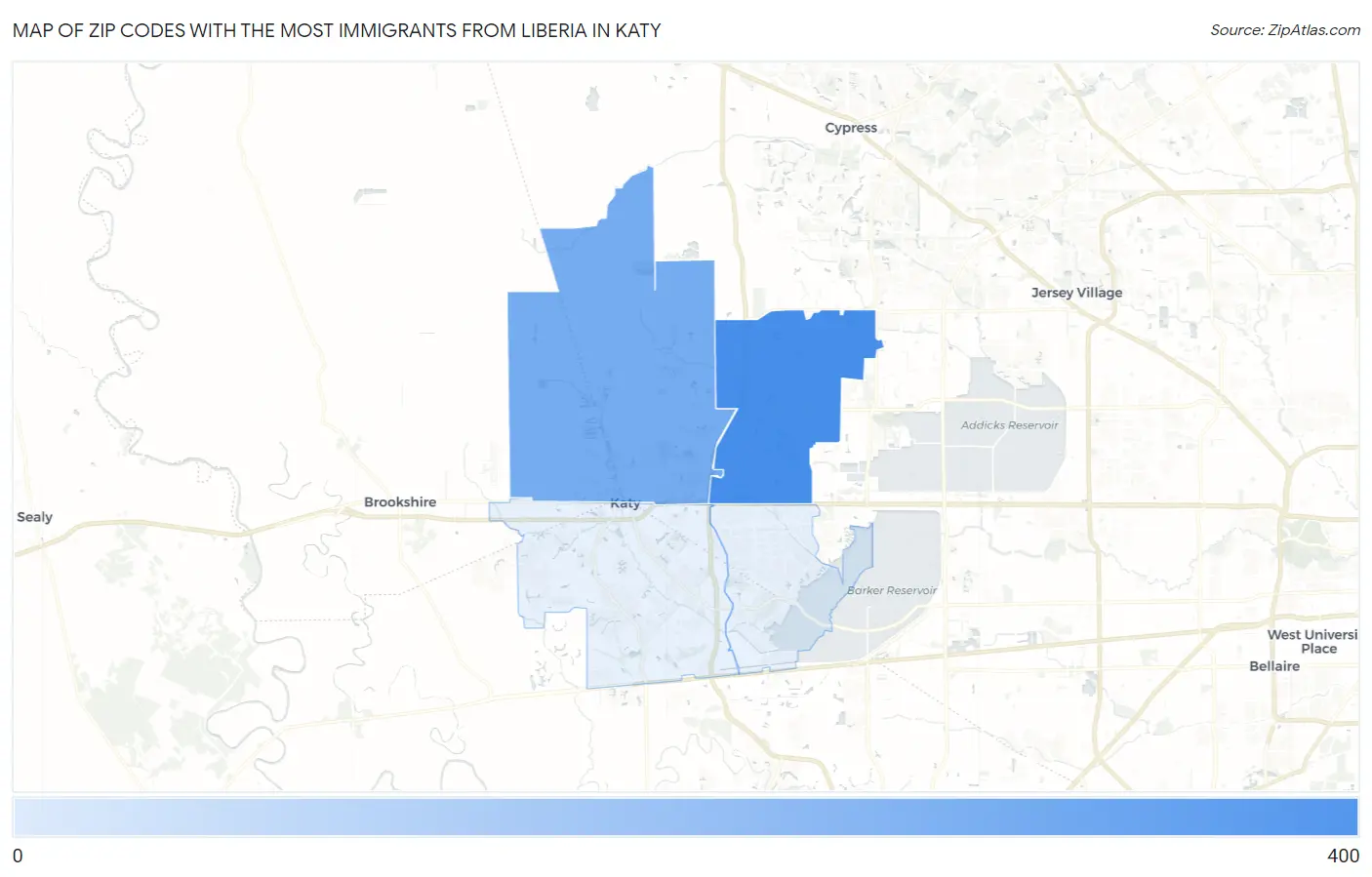 Zip Codes with the Most Immigrants from Liberia in Katy Map