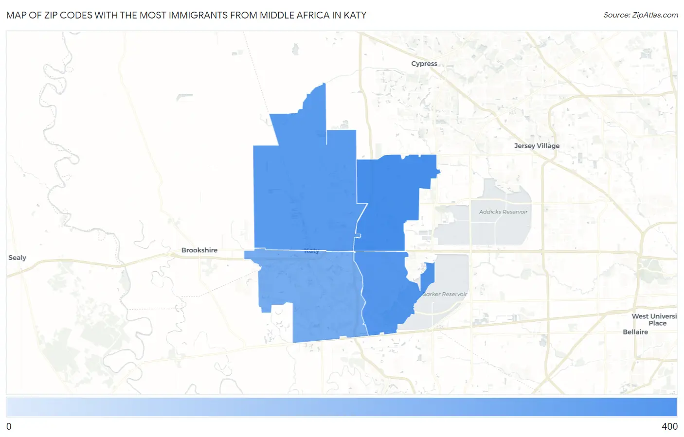 Zip Codes with the Most Immigrants from Middle Africa in Katy Map