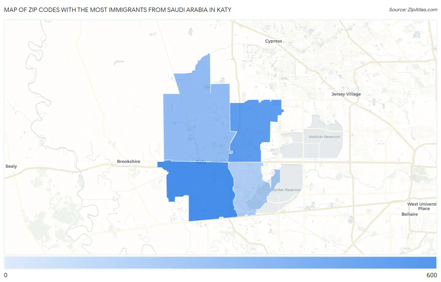 Zip Codes with the Most Immigrants from Saudi Arabia in Katy Map