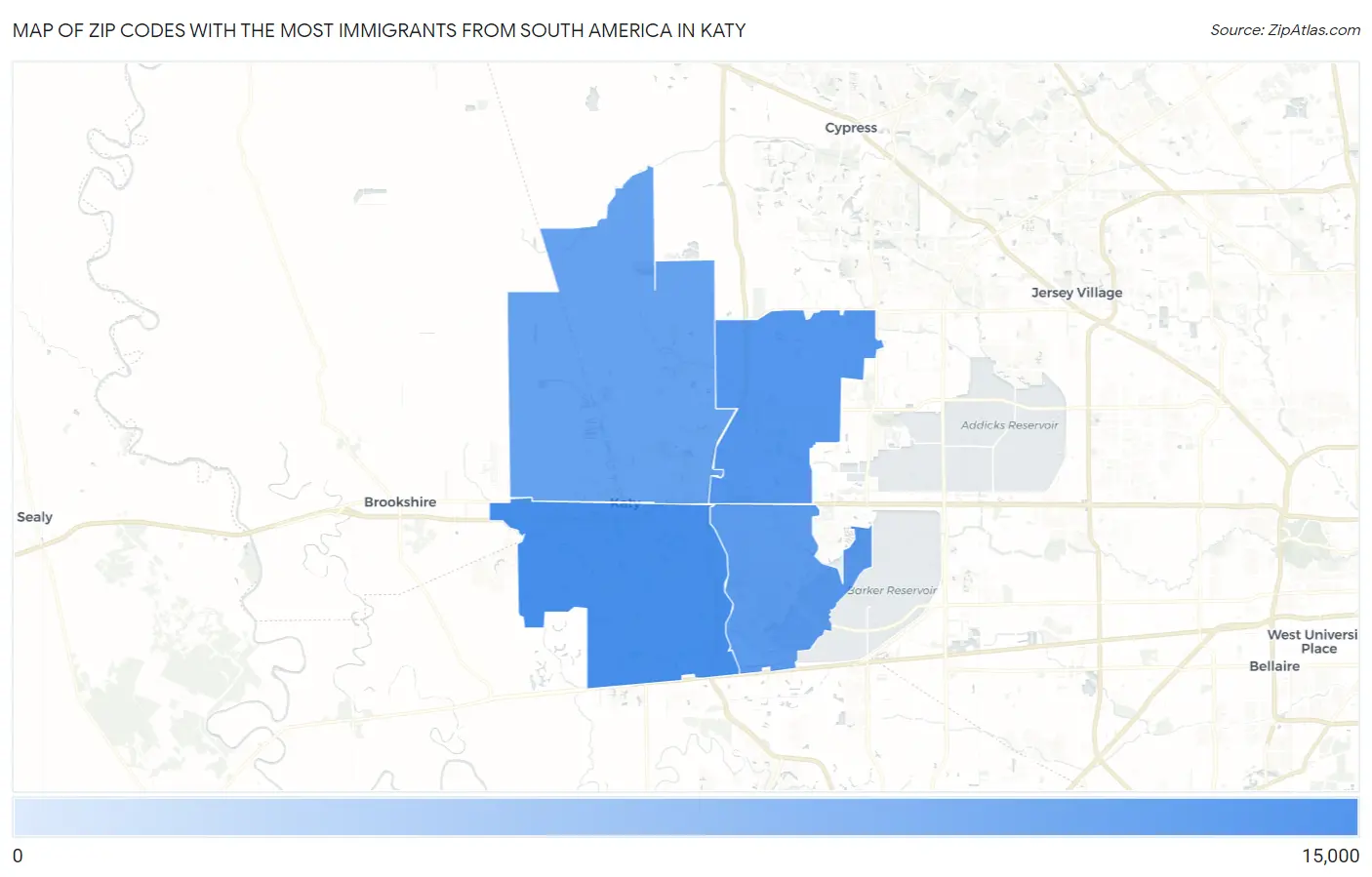 Zip Codes with the Most Immigrants from South America in Katy Map