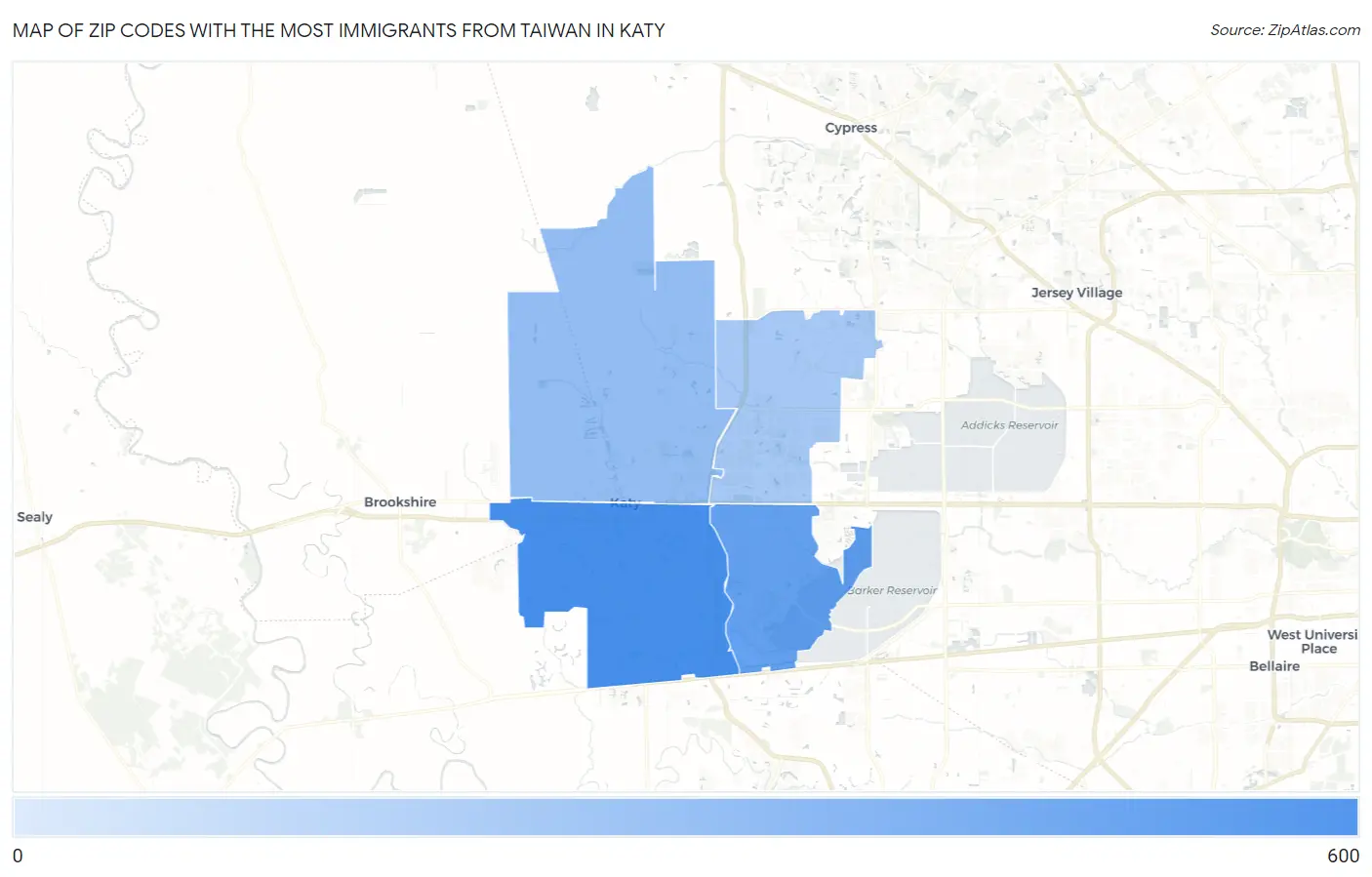 Zip Codes with the Most Immigrants from Taiwan in Katy Map