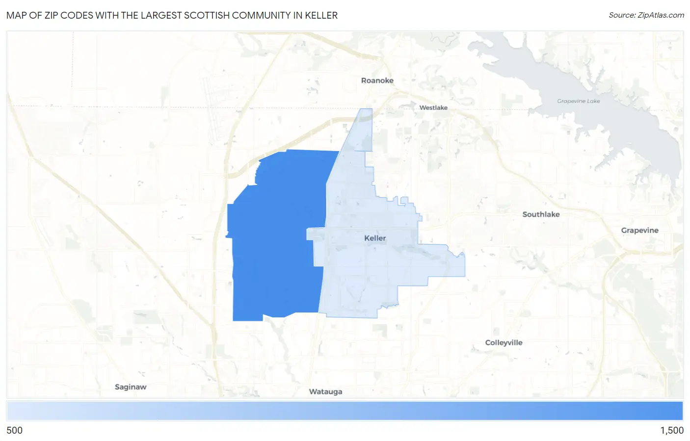 Zip Codes with the Largest Scottish Community in Keller Map