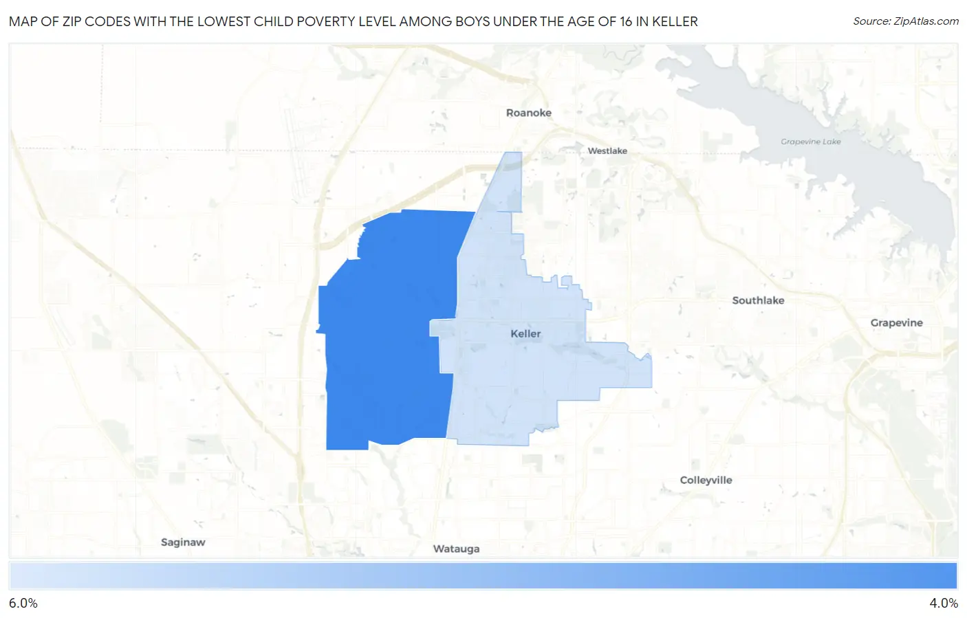 Zip Codes with the Lowest Child Poverty Level Among Boys Under the Age of 16 in Keller Map
