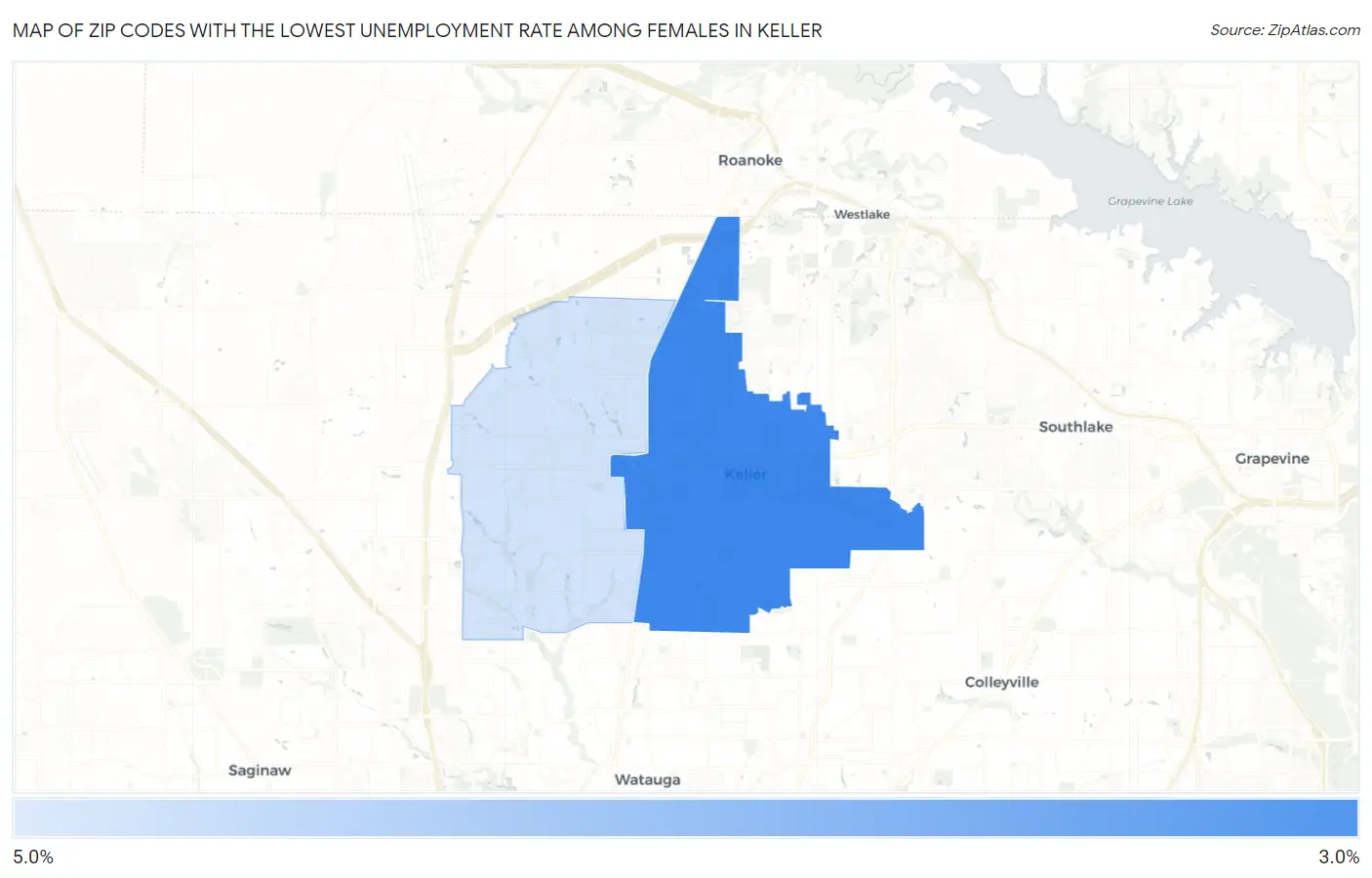 Zip Codes with the Lowest Unemployment Rate Among Females in Keller Map