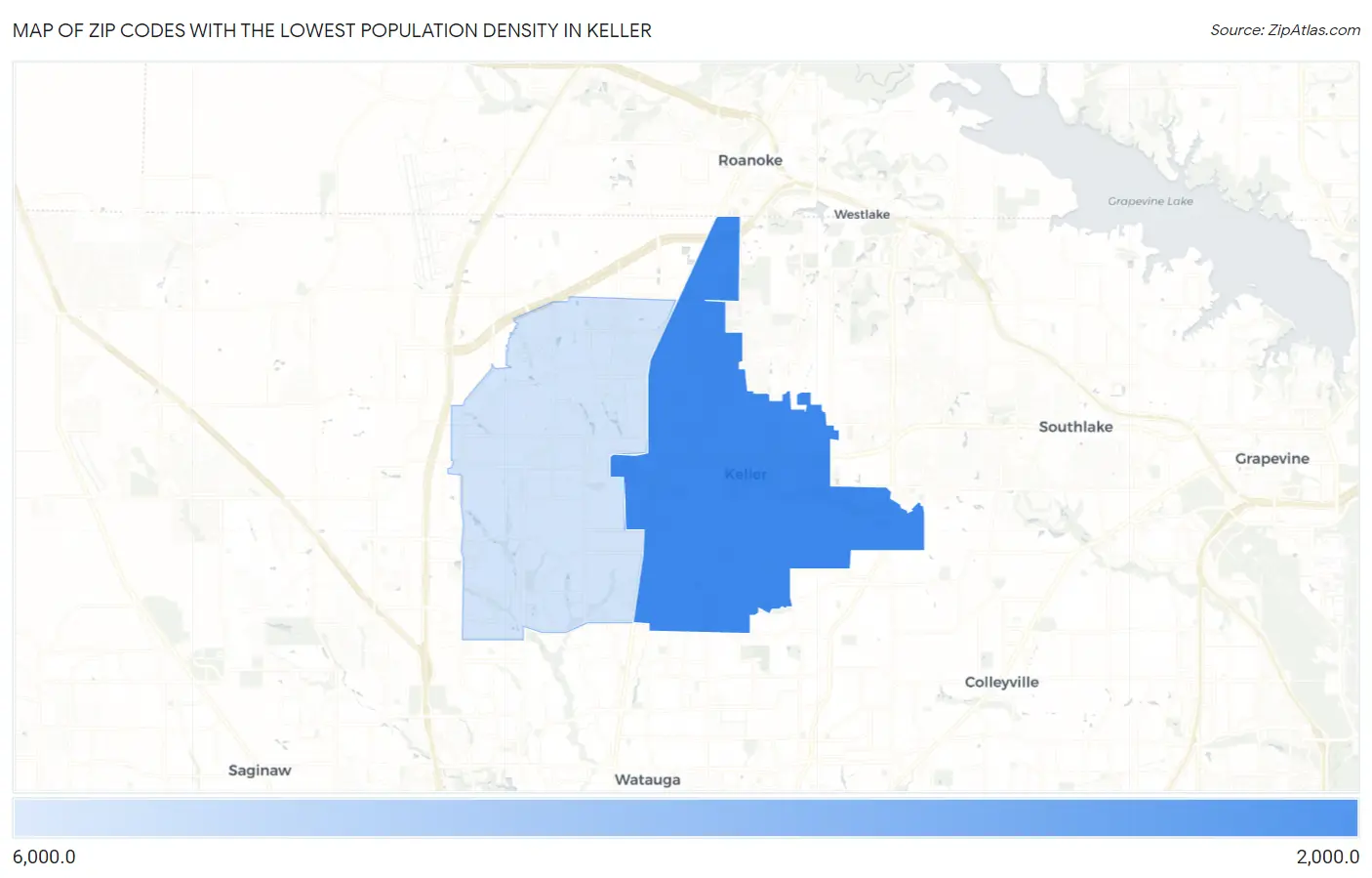 Zip Codes with the Lowest Population Density in Keller Map