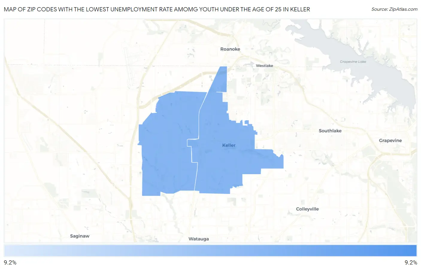 Zip Codes with the Lowest Unemployment Rate Amomg Youth Under the Age of 25 in Keller Map
