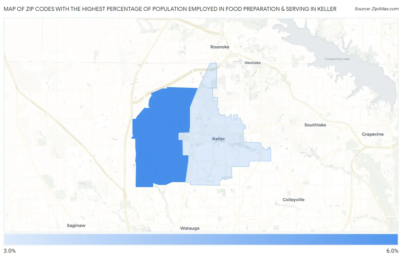 Zip Codes with the Highest Percentage of Population Employed in Food Preparation & Serving in Keller Map