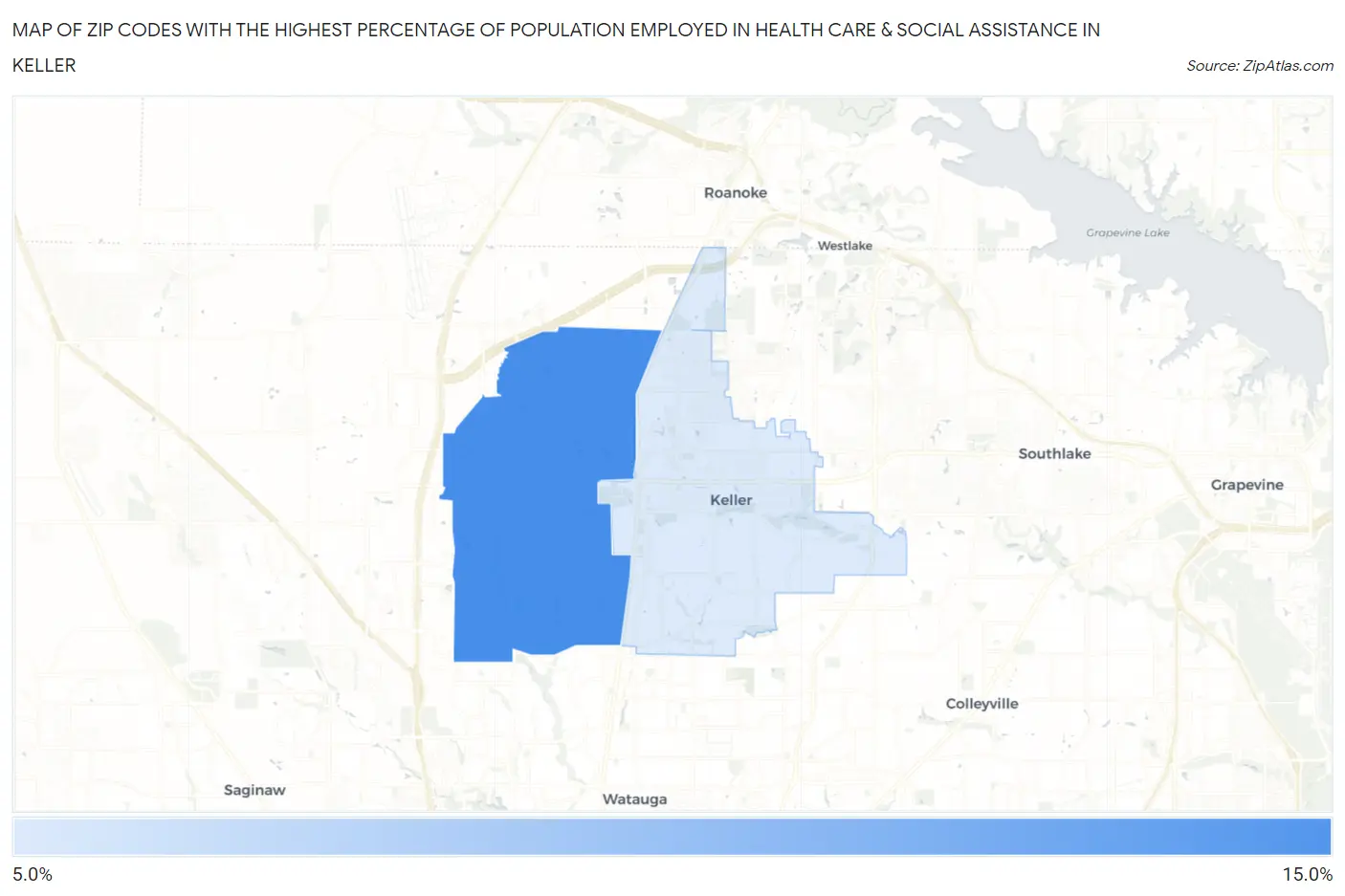 Zip Codes with the Highest Percentage of Population Employed in Health Care & Social Assistance in Keller Map