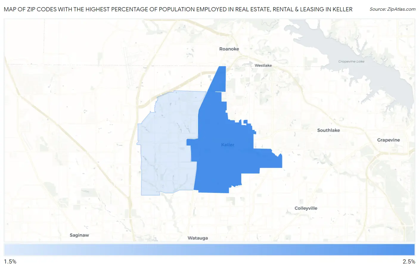 Zip Codes with the Highest Percentage of Population Employed in Real Estate, Rental & Leasing in Keller Map