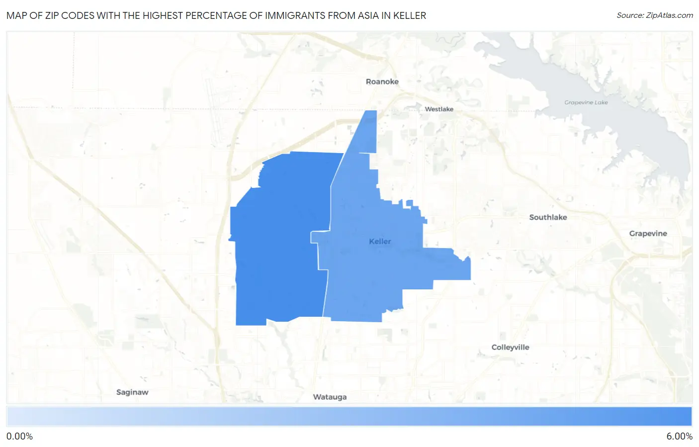 Zip Codes with the Highest Percentage of Immigrants from Asia in Keller Map