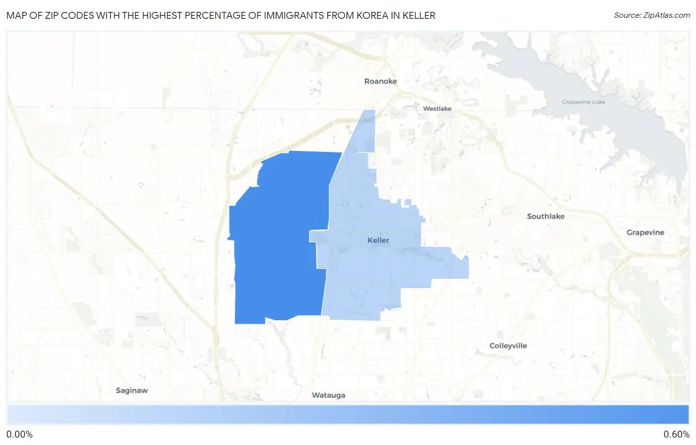 Zip Codes with the Highest Percentage of Immigrants from Korea in Keller Map