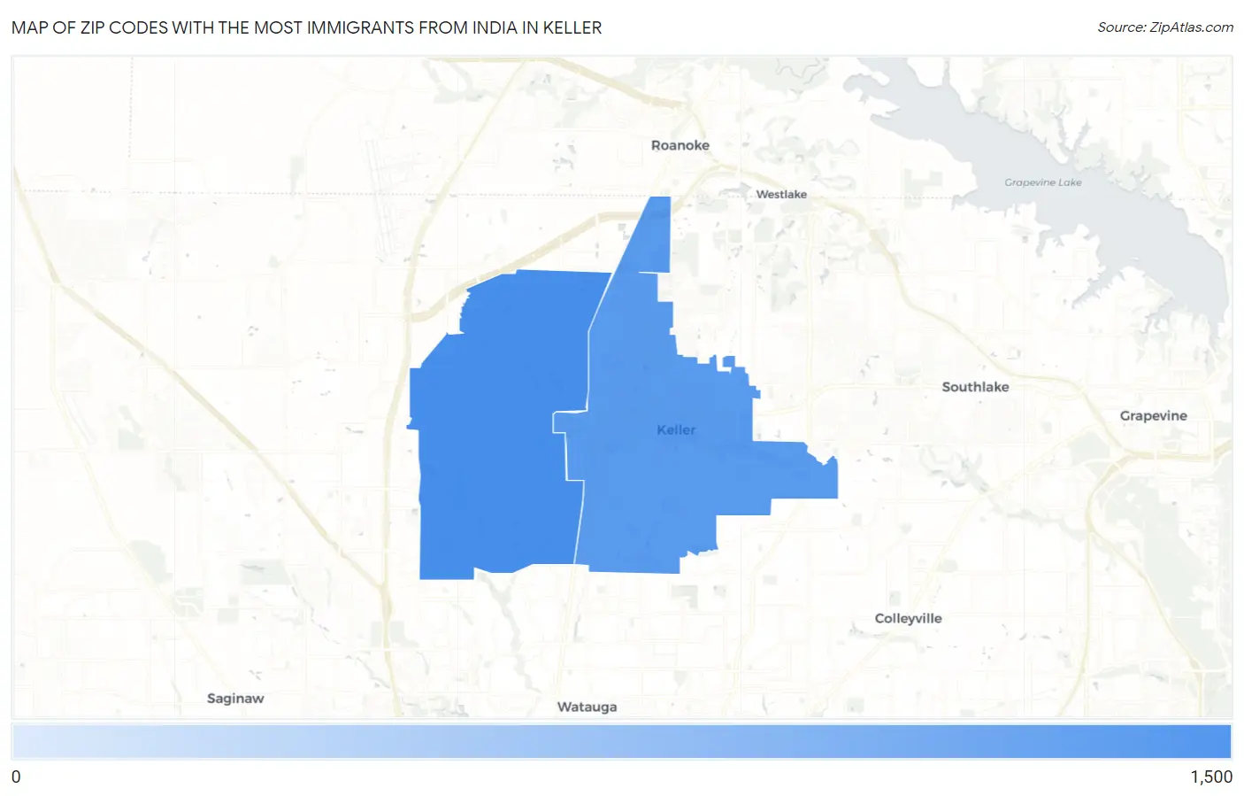 Zip Codes with the Most Immigrants from India in Keller Map