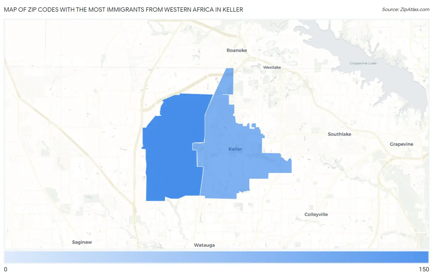 Zip Codes with the Most Immigrants from Western Africa in Keller Map