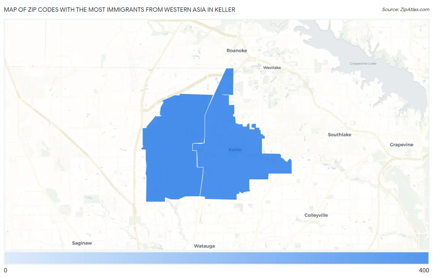 Zip Codes with the Most Immigrants from Western Asia in Keller Map