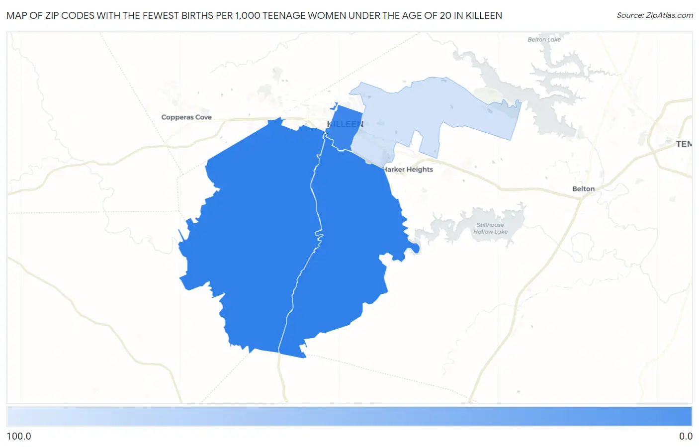 Zip Codes with the Fewest Births per 1,000 Teenage Women Under the Age of 20 in Killeen Map