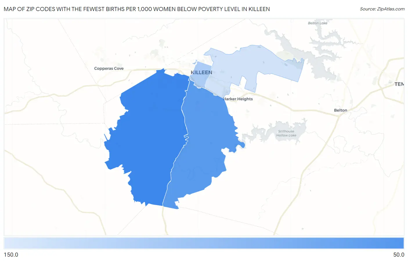 Zip Codes with the Fewest Births per 1,000 Women Below Poverty Level in Killeen Map
