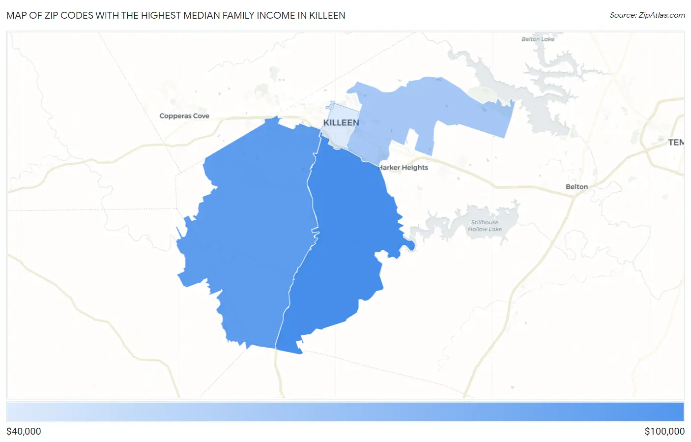 Zip Codes with the Highest Median Family Income in Killeen Map