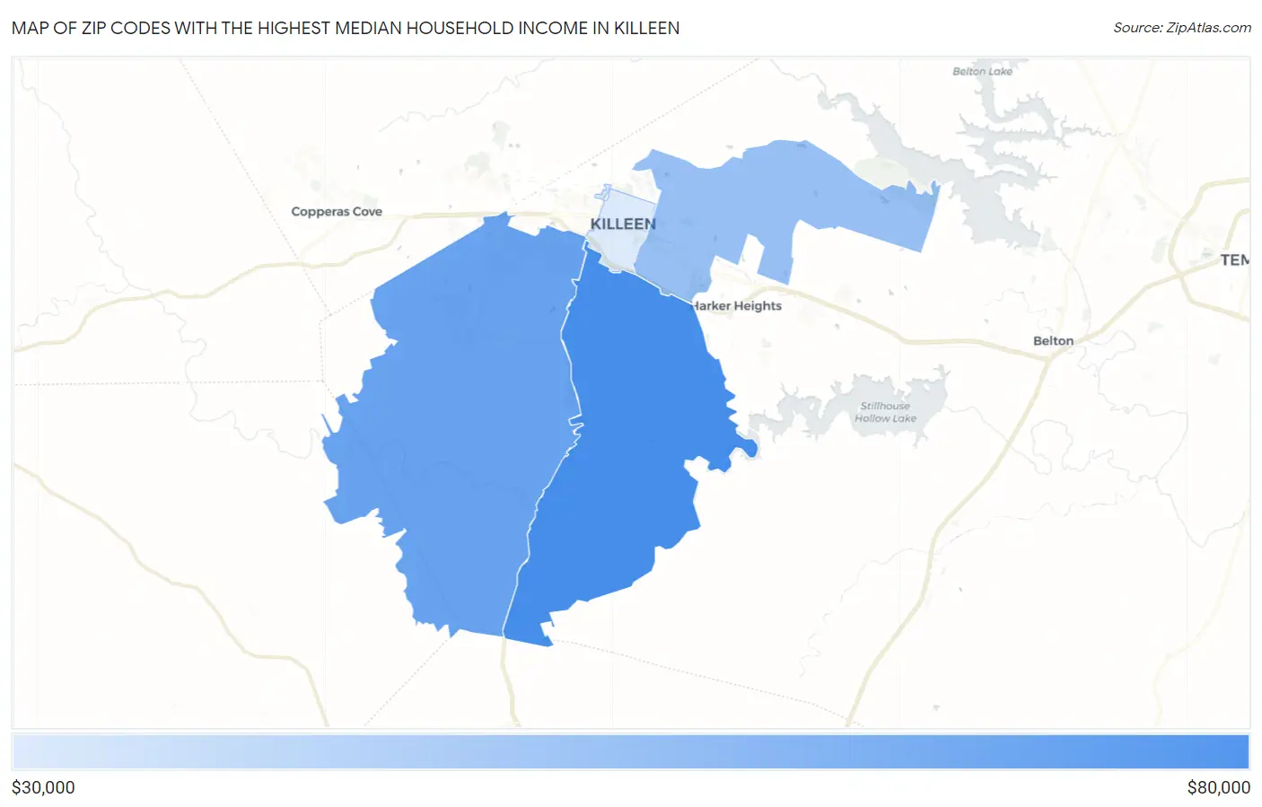 Zip Codes with the Highest Median Household Income in Killeen Map