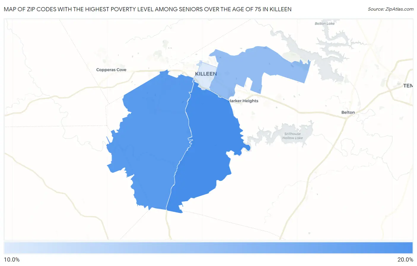 Zip Codes with the Highest Poverty Level Among Seniors Over the Age of 75 in Killeen Map