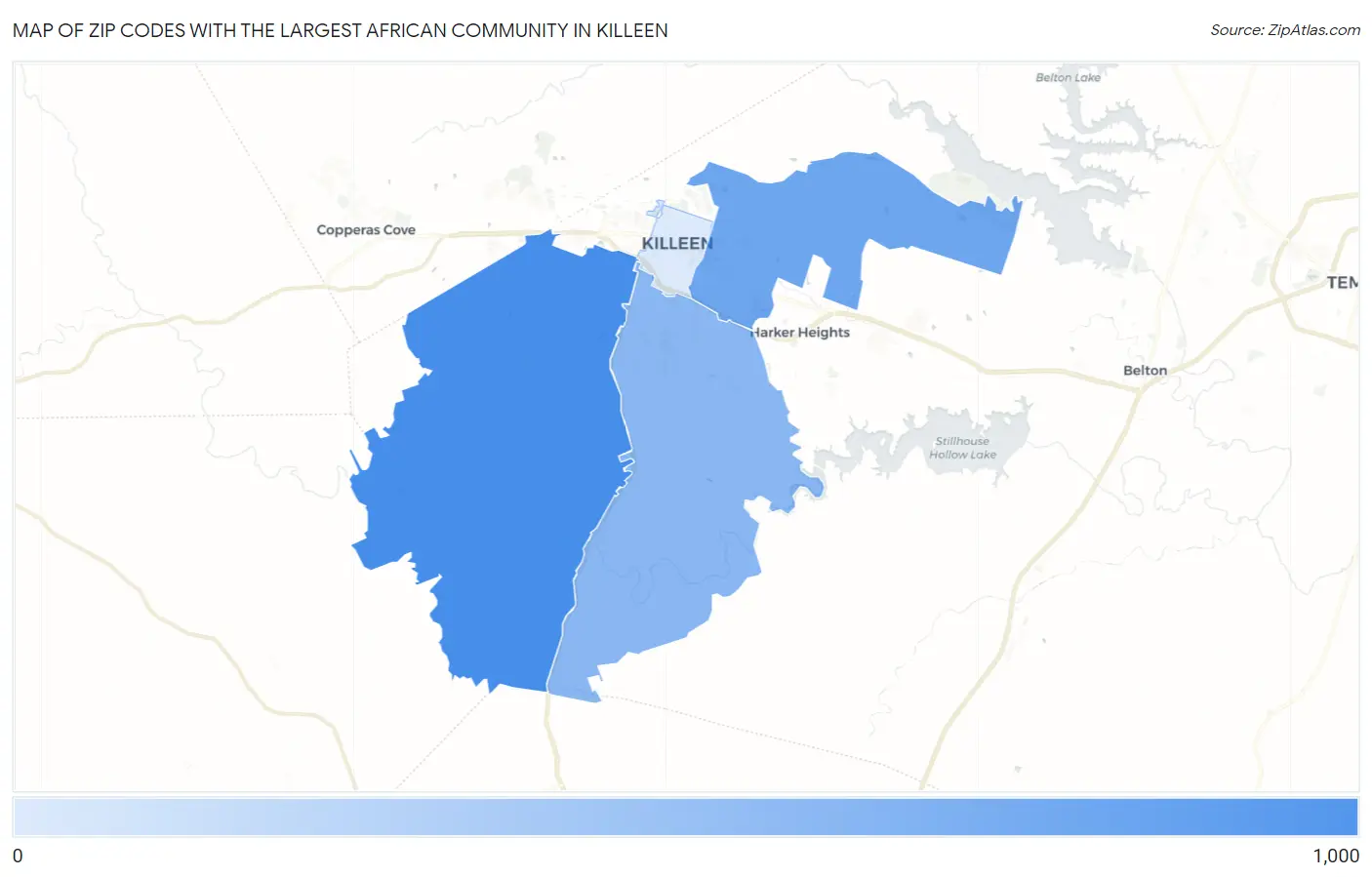 Zip Codes with the Largest African Community in Killeen Map
