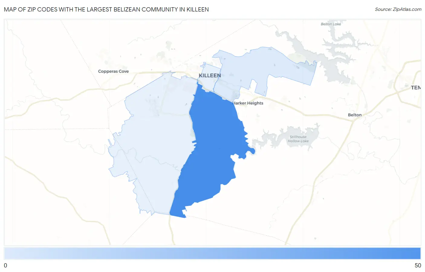 Zip Codes with the Largest Belizean Community in Killeen Map