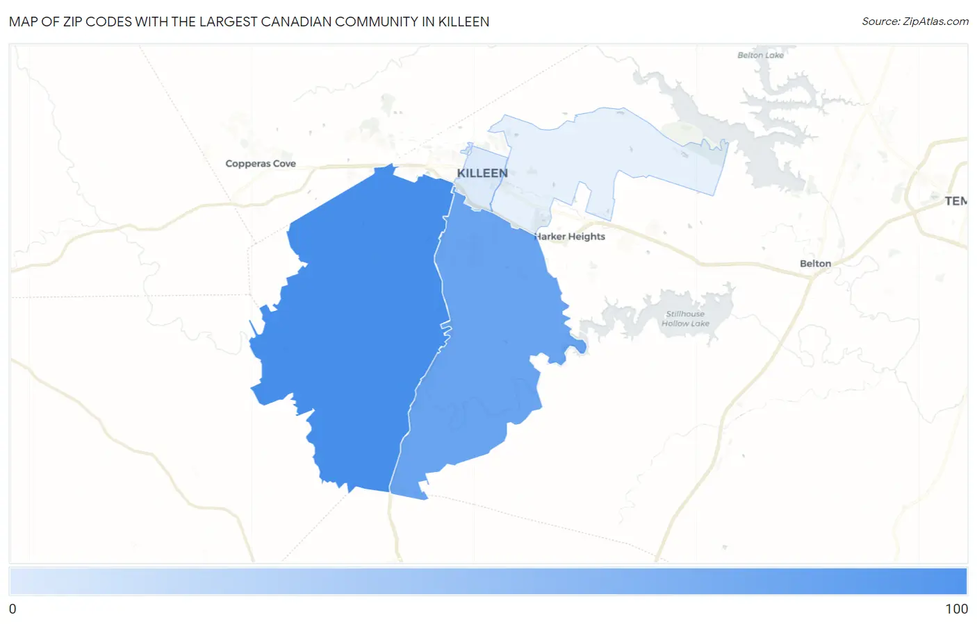 Zip Codes with the Largest Canadian Community in Killeen Map
