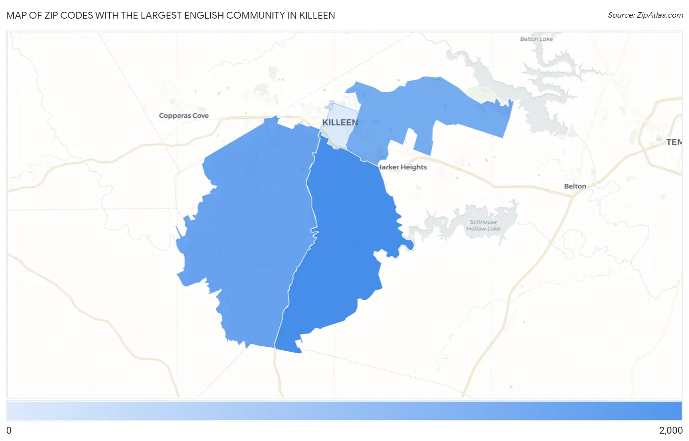Zip Codes with the Largest English Community in Killeen Map