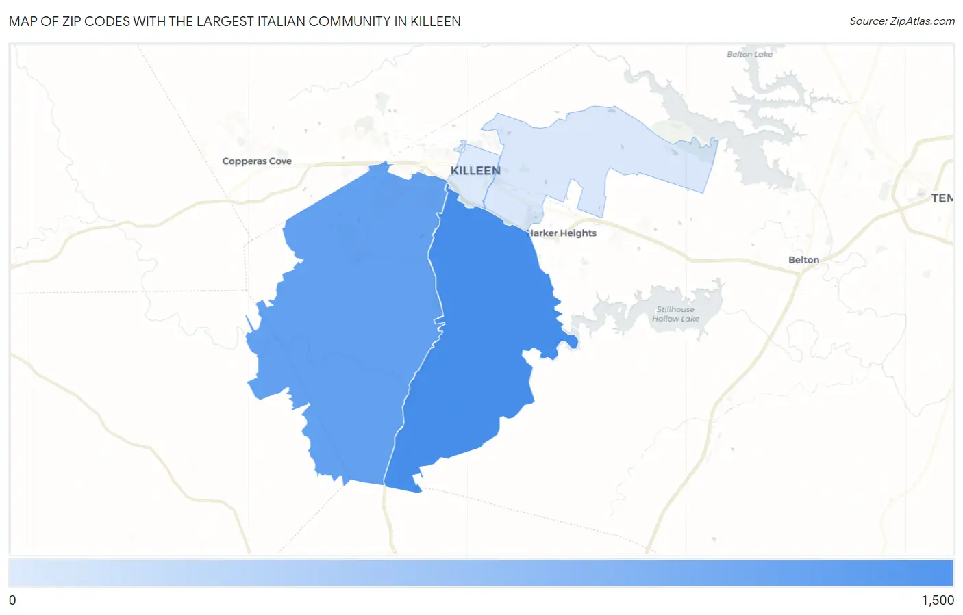 Zip Codes with the Largest Italian Community in Killeen Map