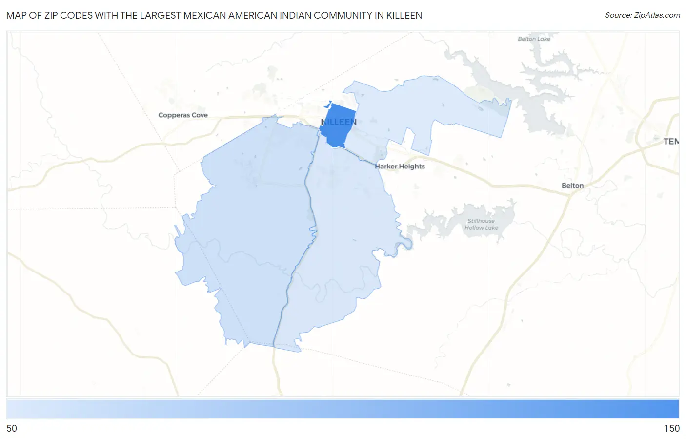 Zip Codes with the Largest Mexican American Indian Community in Killeen Map