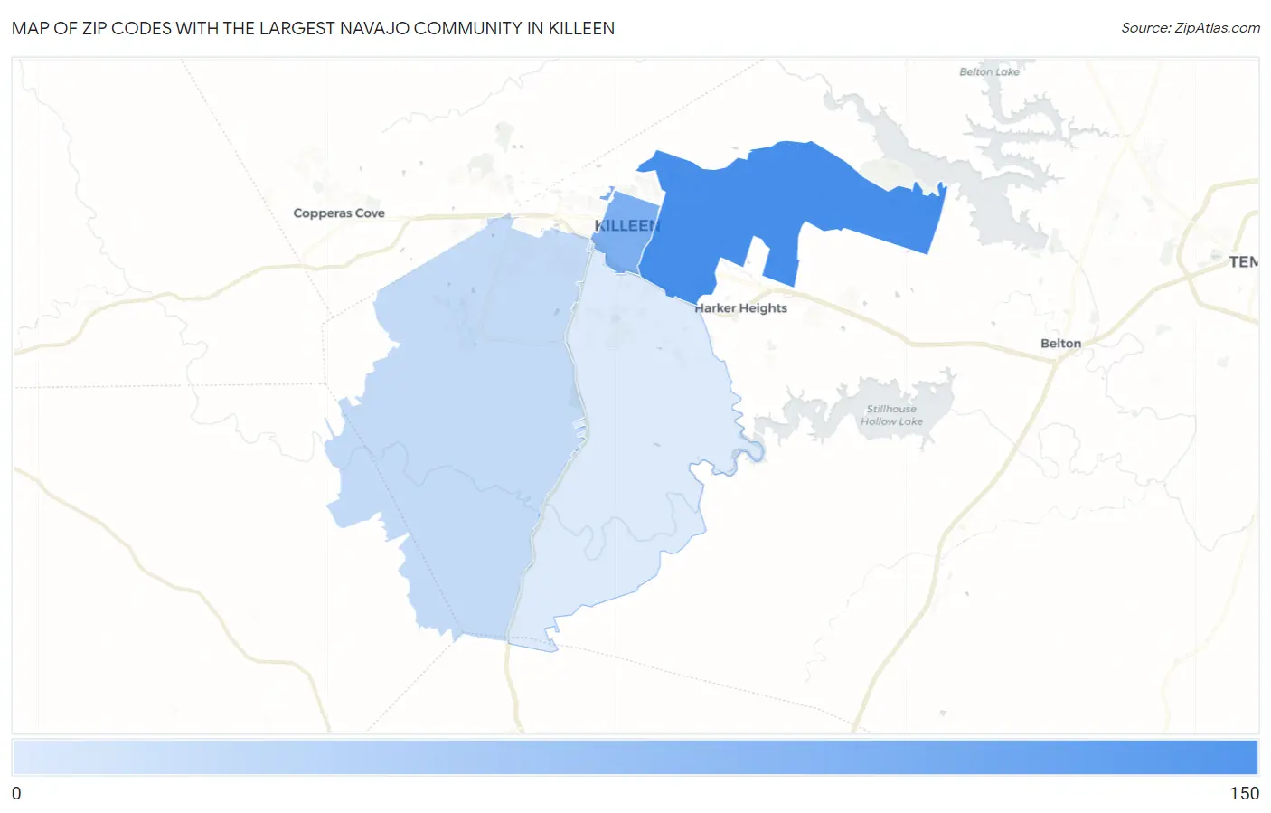 Zip Codes with the Largest Navajo Community in Killeen Map