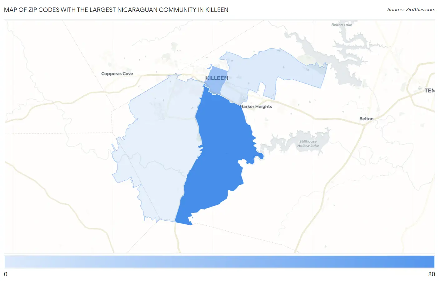 Zip Codes with the Largest Nicaraguan Community in Killeen Map