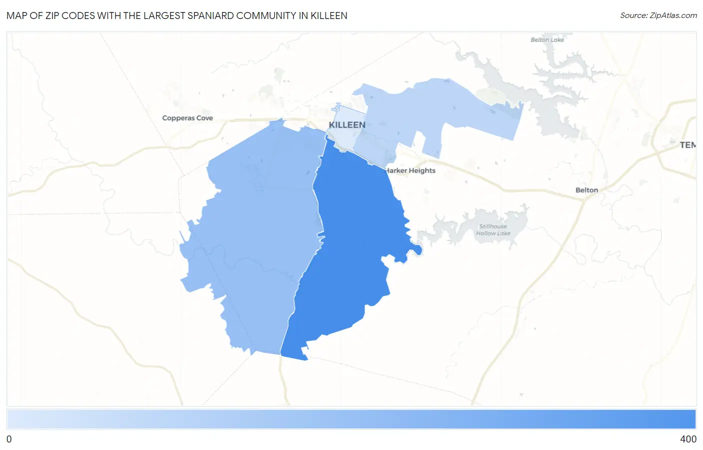 Zip Codes with the Largest Spaniard Community in Killeen Map