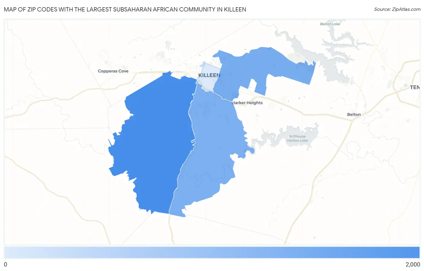 Zip Codes with the Largest Subsaharan African Community in Killeen Map