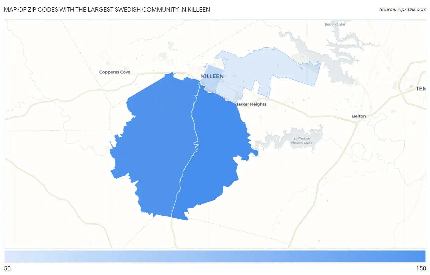 Zip Codes with the Largest Swedish Community in Killeen Map