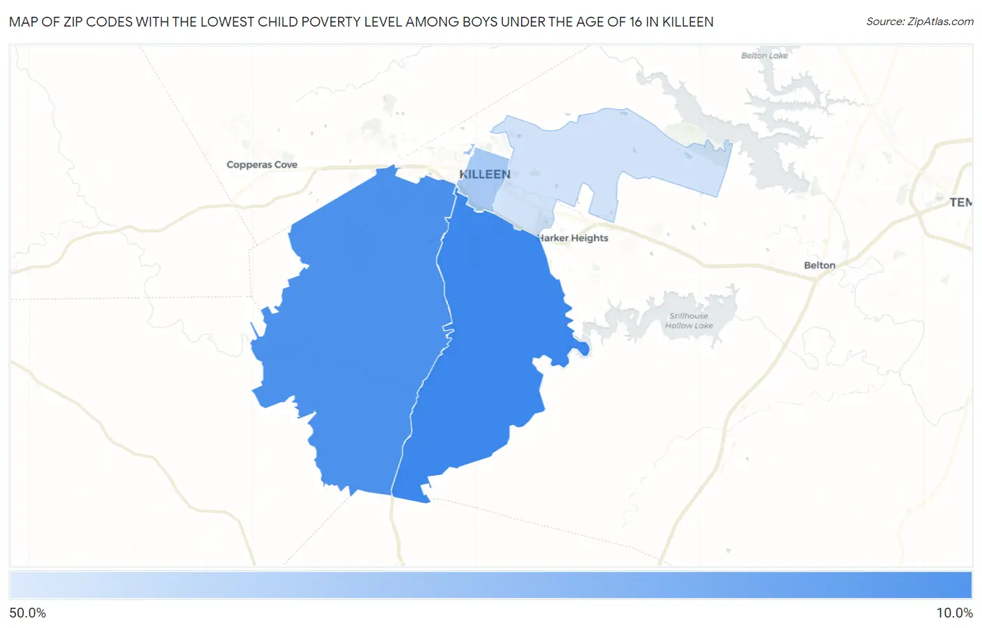 Zip Codes with the Lowest Child Poverty Level Among Boys Under the Age of 16 in Killeen Map